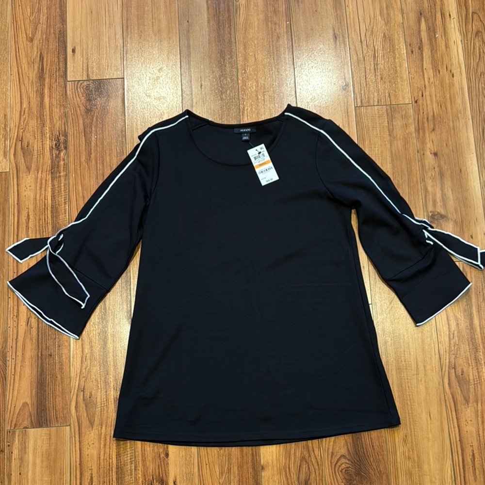 Alfani Black and White Trim Bow Tie Sleeve Blouse